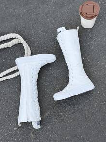 OPOEE帆布鞋，儿童中帮运动鞋，春秋季韩版，男女通用，时尚低帮休闲系带运动鞋，经典高帮运动鞋，百搭休闲运动滑板鞋 - 白色 - 查看 4