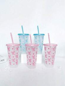 1pc/5pcs/10pcs, 24oz Powder Blue Bow Plastic Cup With Lid And Straw, Reusable, Cute Clear Plastic Cup, Plastic Cup, Suitable For Birthday, Wedding And Party Supplies, Reusable Plastic Cup With Pink Ribbon, Summer Beverage Cup, Suitable For Birthday, Wedding And Party Supplies, Perfect For Party, Drinking, Coffee, Also Suitable For Mother's Day, Wedding, Birthday, Bachelorette Party Or Gift, - 彩色 - 查看 5