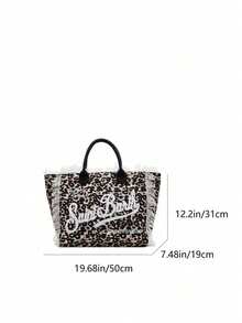 Minimalist Fashionable Canvas Striped Handbag, Shoulder Bag For Women, Large Capacity Casual Tote Bag With Leopard Print & Tassel, New Arrival - Khaki - View 6