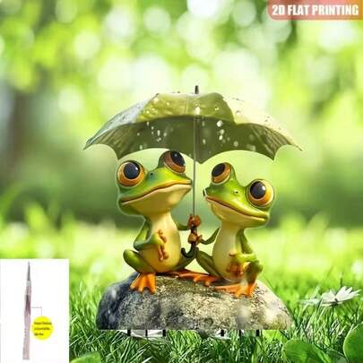 2D Flat, 1pc Plastic Frog Couple Garden Stake With Umbrella - Weather-Resistant Outdoor Decor, Vibrant Green Frog Design And Durable Ground Stake For Yard Decoration