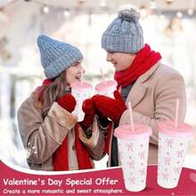 1pc/5pcs/10pcs, 24oz Powder Blue Bow Plastic Cup With Lid And Straw, Reusable, Cute Clear Plastic Cup, Plastic Cup, Suitable For Birthday, Wedding And Party Supplies, Reusable Plastic Cup With Pink Ribbon, Summer Beverage Cup, Suitable For Birthday, Wedding And Party Supplies, Perfect For Party, Drinking, Coffee, Also Suitable For Mother's Day, Wedding, Birthday, Bachelorette Party Or Gift, - 彩色 - 查看 11