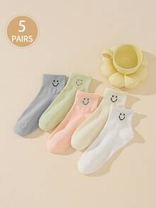 5 Pairs Emo Smiling Face Cartoon Mid-Calf Socks, Suitable For All Seasons - Multicolor - View 7