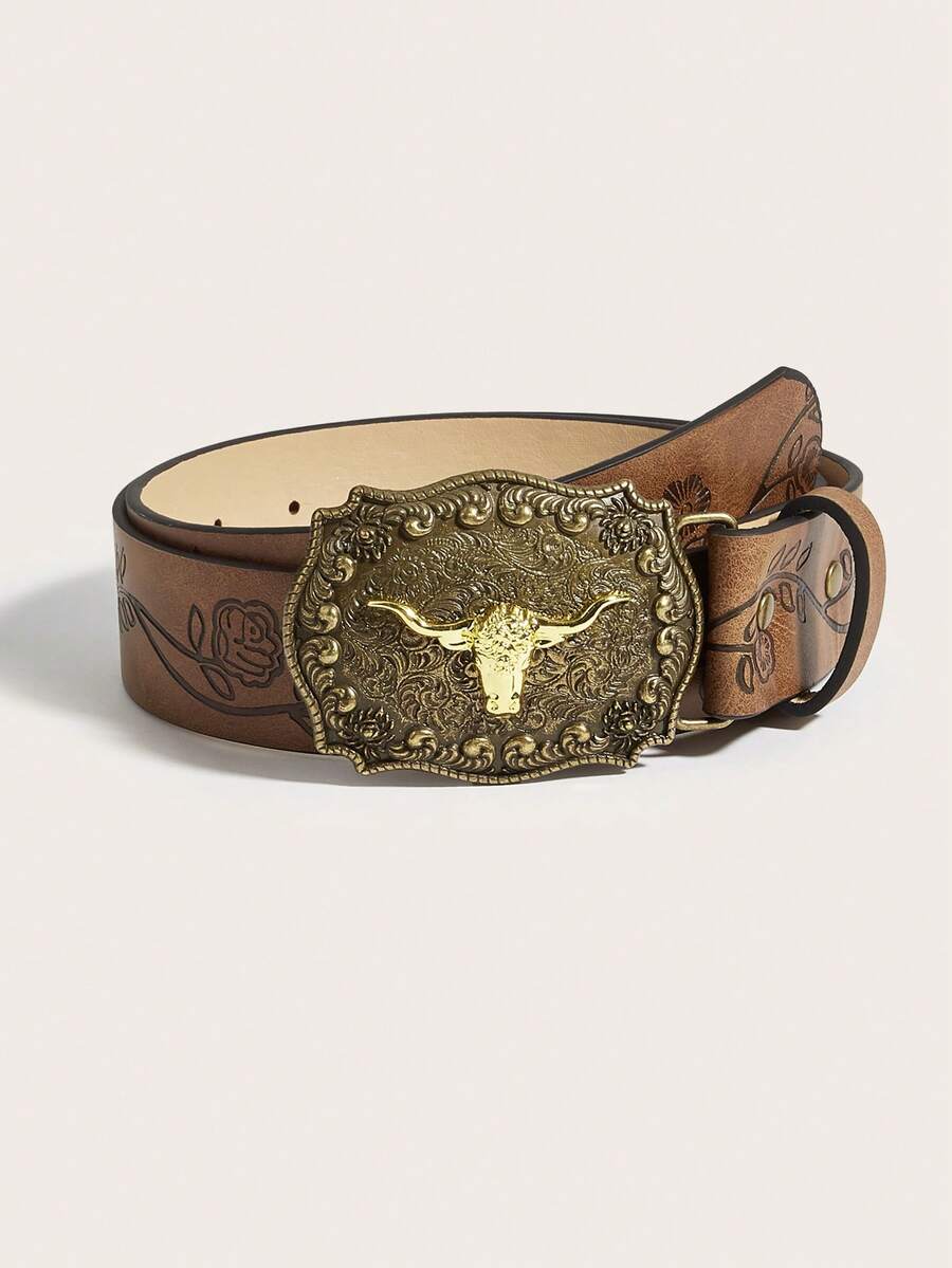 1条女士复古牛头扣腰带，经典雕刻PU皮革时尚配饰，西部风格日常腰带 - 棕色 - 查看 1