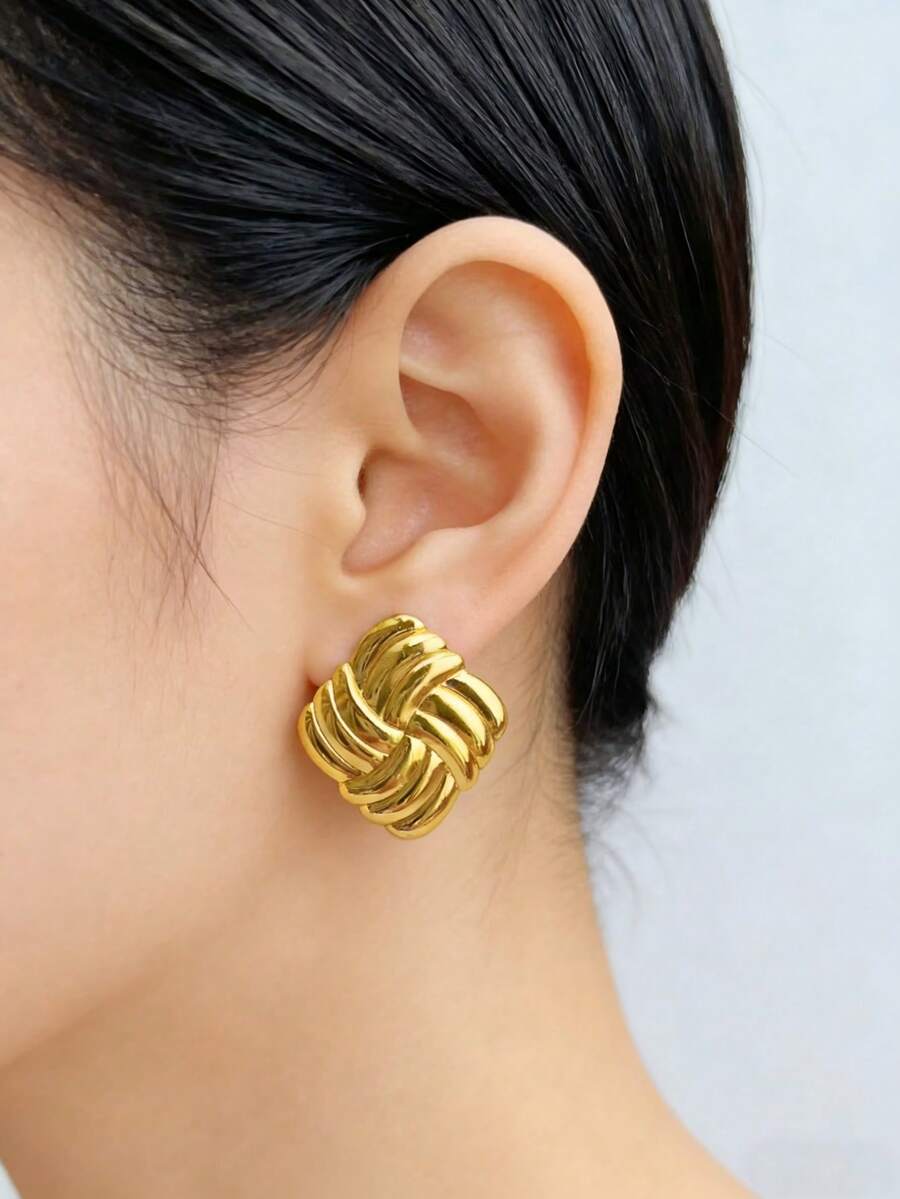 Un par de elegantes pendientes de botón cuadrados retorcidos de acero inoxidable; joyería hipoalergénica de alta calidad para mujeres, perfecta para uso diario y de trabajo - Multicolor - Ver 1