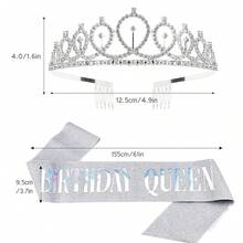 2pcs Crystal Decor Birthday Party Crown And Belt Set, Modern Party Crown And Belt Set Suitable For Home Use - Multicolor - View 5
