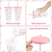 1pc/5pcs/10pcs, 24oz Powder Blue Bow Plastic Cup With Lid And Straw, Reusable, Cute Clear Plastic Cup, Plastic Cup, Suitable For Birthday, Wedding And Party Supplies, Reusable Plastic Cup With Pink Ribbon, Summer Beverage Cup, Suitable For Birthday, Wedding And Party Supplies, Perfect For Party, Drinking, Coffee, Also Suitable For Mother's Day, Wedding, Birthday, Bachelorette Party Or Gift, - 彩色 - 查看 8