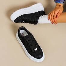 黑色闪亮亮片厚底运动鞋，厚底系带滑板鞋，增高运动鞋，适合街头服饰和休闲装扮 - 黑色 - 查看 1