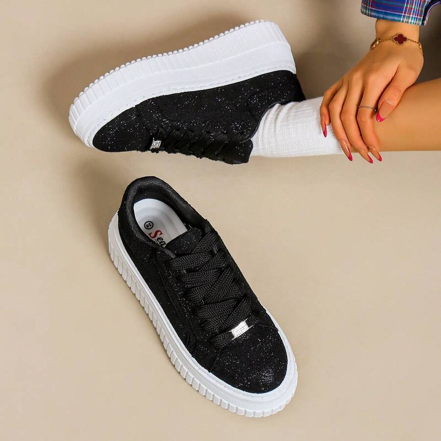 黑色闪亮亮片厚底运动鞋，厚底系带滑板鞋，增高运动鞋，适合街头服饰和休闲装扮 - 黑色 - 查看 1