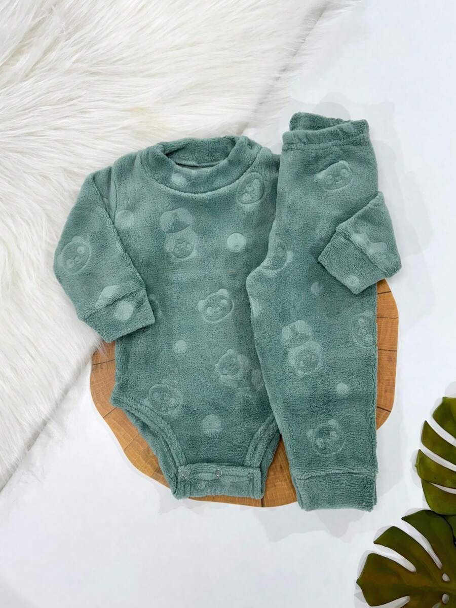 Baby Boy Winter Set: Bodysuit And Fleece Pants With Long Sleeves - 綠貓熊 - 查看 1