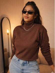 Turtleneck Long Sleeve Flannel Semi Cropped Autumn Winter Sweatshirt Top - 鏽棕色 - 查看 1