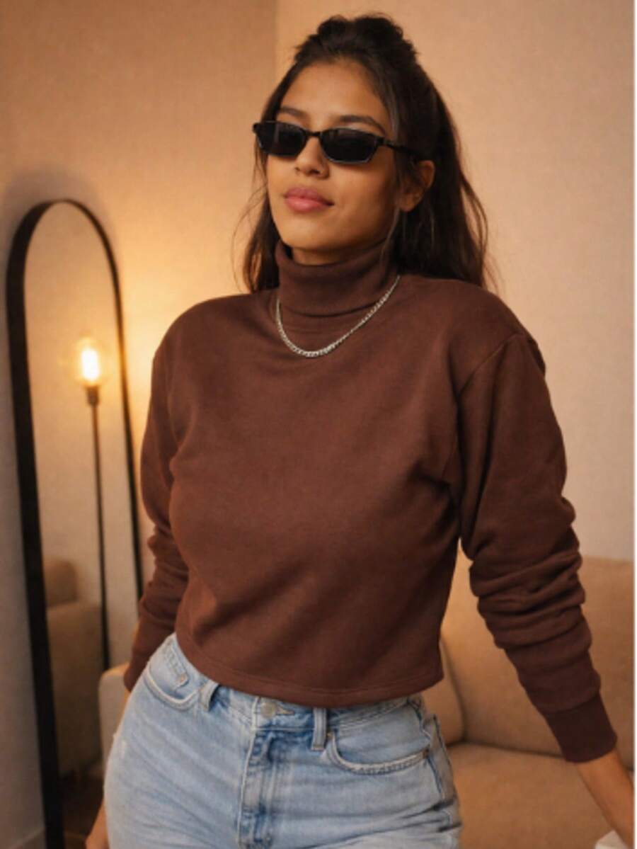 Turtleneck Long Sleeve Flannel Semi Cropped Autumn Winter Sweatshirt Top - 鏽棕色 - 查看 1