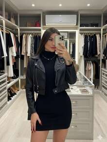 Women's Leather Jacket – Sophisticated Evening Look - Black - View 1