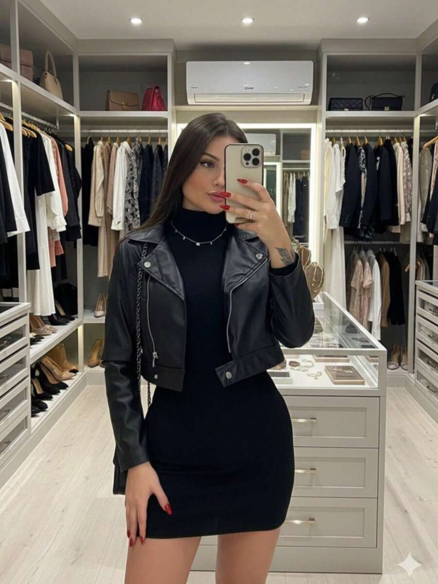 Women's Leather Jacket – Sophisticated Evening Look - Black - View 1