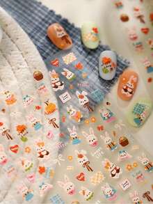 1件田园风刺绣兔子蝴蝶结可爱5D浮雕自粘美甲贴纸兔子胡萝卜南瓜美甲贴花 - 彩色 - 查看 4