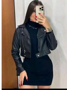 Women's Leather Jacket – Sophisticated Evening Look - Black - View 2