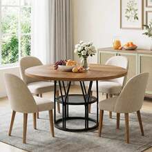 Techigher Round Dining Table For 4-6 People, Circle Kitchen Table, Farmhouse Dinning Room Tables With Storage Shelves & Metal Base, Circle Dinner Table For Kitchen, Living Room - 棕色 - 查看 1