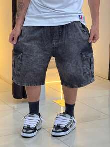 Men's Cargo Bermuda Shorts, Stonewashed Denim, Baggy Streetwear, Loose Casual Style With Large Pockets, Spring/Summer, Loose Drawstring, Christmas, Halloween, Valentine's Day, Spring Festival, Independence Day - 黑色 - 查看 1