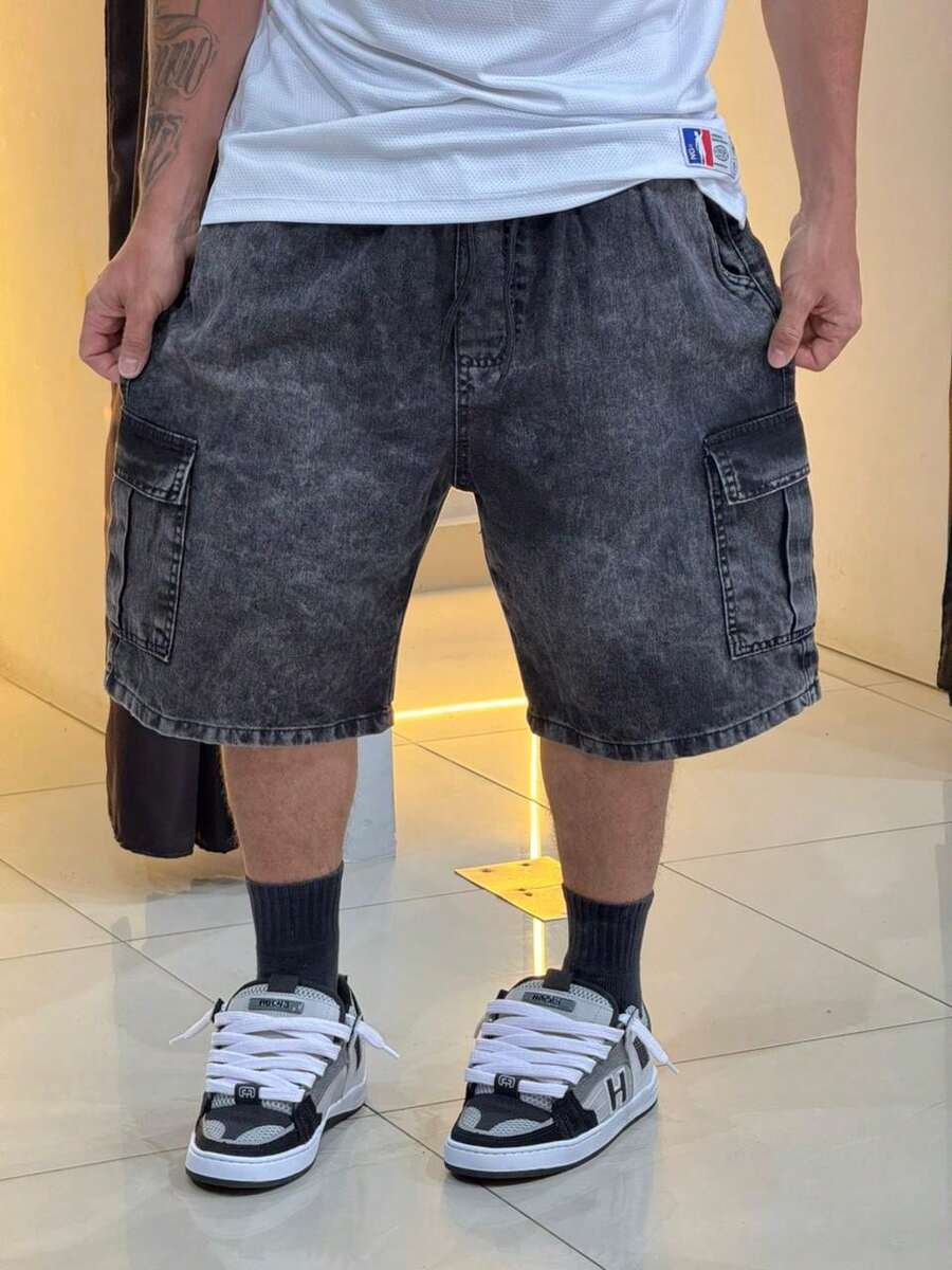 Men's Cargo Bermuda Shorts, Stonewashed Denim, Baggy Streetwear, Loose Casual Style With Large Pockets, Spring/Summer, Loose Drawstring, Christmas, Halloween, Valentine's Day, Spring Festival, Independence Day - 黑色 - 查看 1