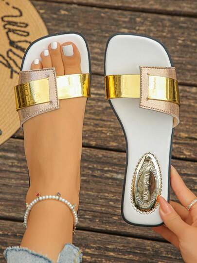 Teenage Girls' Color Block Open Toe Flat Slide Sandals, Summer Outdoor Wear