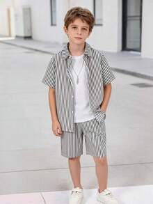 2 Stücke/Set Jungen gestreiftes Kurzarmhemd + Shorts, lässiger, weiter Sommeroutfit - Grau - Übersicht 9