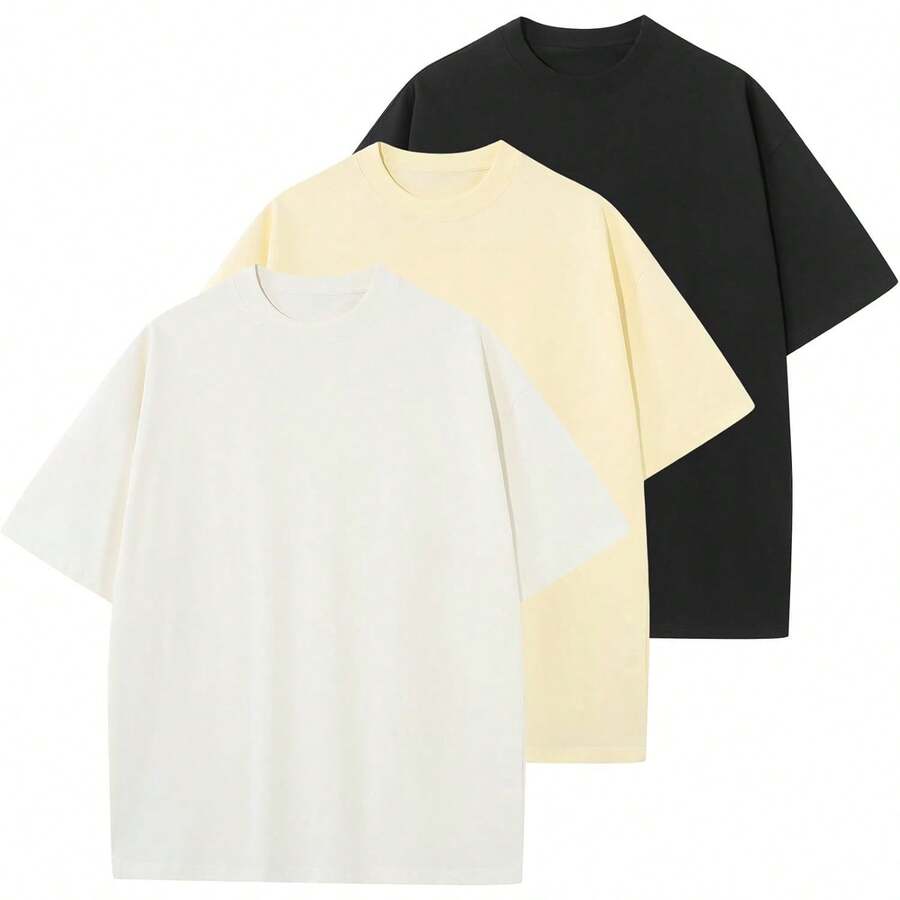 Men's Cotton T-Shirts Oversized Unisex Short Sleeve Crew Neck Loose Basic Tops Solid Athletic Tee - White+Beige+Black - View 1