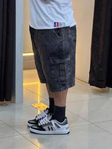 Men's Cargo Bermuda Shorts, Stonewashed Denim, Baggy Streetwear, Loose Casual Style With Large Pockets, Spring/Summer, Loose Drawstring, Christmas, Halloween, Valentine's Day, Spring Festival, Independence Day - 黑色 - 查看 8