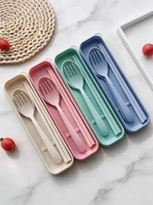 1Set Travel Utensils With Case,Cutlery Set , Reusable Plastic Utensils Sets For Lunch Box Accessories,Portable Lunch Box Utensils Set,Portable Plastic Striped Cutlery Set Camping Tableware,Reusable Spoon & Fork Set With Storage Box – Reusable Spoon And Fork For Camping, Picnics, Daily Use, Kitchen, Lunch Box, Storage Containers, Back To School Supplies. Durable, Lightweight, Compact, And Easy-To-Clean Tableware. Ideal For Travel, Office, And Home. Perfect For On-The-Go Meals. - 彩色 - 查看 1