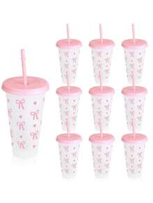 1pc/5pcs/10pcs, 24oz Powder Blue Bow Plastic Cup With Lid And Straw, Reusable, Cute Clear Plastic Cup, Plastic Cup, Suitable For Birthday, Wedding And Party Supplies, Reusable Plastic Cup With Pink Ribbon, Summer Beverage Cup, Suitable For Birthday, Wedding And Party Supplies, Perfect For Party, Drinking, Coffee, Also Suitable For Mother's Day, Wedding, Birthday, Bachelorette Party Or Gift, - 彩色 - 查看 3