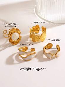 4pcs/Set Stainless Steel White Enamel Geometric Circular Flower Ring Set, Suitable For Women's Daily Wear - Multicolor - View 3