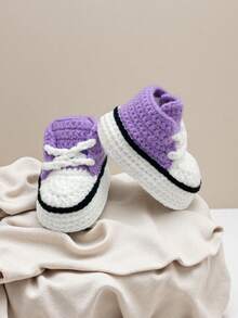 1 Pair Handmade Crochet Infant Booties, Indoor Soft Sole Prewalker Shoes - Mauve Purple - View 7