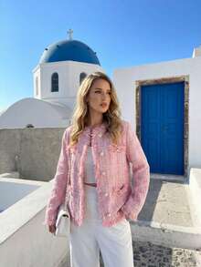 Women's Pink Fringe Trim Jacket, Elegant Eye-Catching Winter Coat, Charming Party Outfit For Christmas And New Year's Eve, Luxury Evening Jacket - Pink - View 10