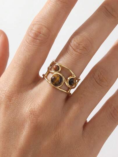 Cring Coco 1 Stück Damen offener Ring aus 304 Edelstahl mit minimalistischem Cut-Out-Design und eingelassenen Natursteinen, geeignet für den täglichen Gebrauch, Bälle, Partys, Urlaub, Musikfestivals, Karneval, Muttertagsschmuckgeschenk