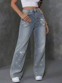 Pantalones Rectos con Piedras Brillantes Estelares de Color Azul Oscuro para Mujer, Pantalones de Moda - Azul menta - Ver 1