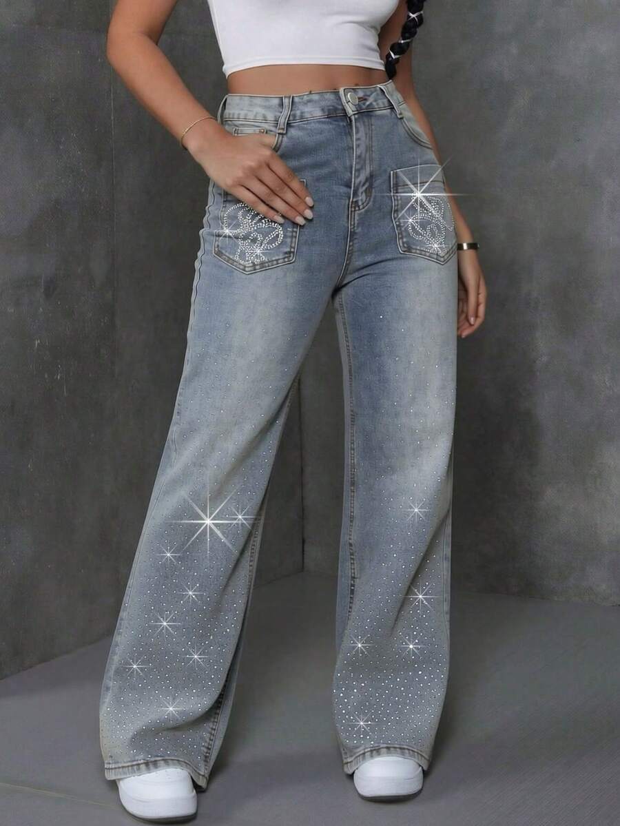 Pantalones Rectos con Piedras Brillantes Estelares de Color Azul Oscuro para Mujer, Pantalones de Moda - Azul menta - Ver 1