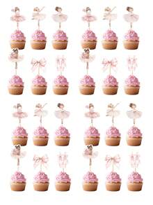 24PCS Blush Pink Ballerina Cupcake Toppers Ballet Dancer Party Decorations,Bow Tie Watercolor Swan Lake Birthday Cupcake Toppers,Tutu Cute Bachelorette Wedding Party Decorations,Pink Bow Cake Smash Photo Props - Ballerina Cupcake Toppers - View 6