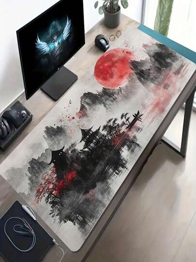 1 Piece Large Size E-Sports Gaming Mouse Pad, Red Moon Landscape & Boat Pattern, Non-Slip Washable Rubber Base, Suitable For Gamers, Office And Dorm Use, Compatible With Mouse And Trackball, Gift For Gamers