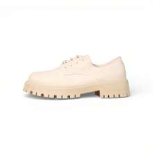 Zapatos Oxford para Mujer con Plataforma y Suela Track Dentada, Cierre con Cordones, Estilo Casual Urbano, Punta Redonda, Zapatos Bajos Tipo Chunky para Oficina, Colegio y Uso Diario, Gamuza Sintética - Beis - Ver 2