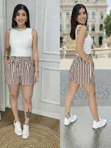 Striped Linen Shorts With Lined Pockets, Home, Beach, Night, Daily, Summer - Marrón Chocolate - Ver 4