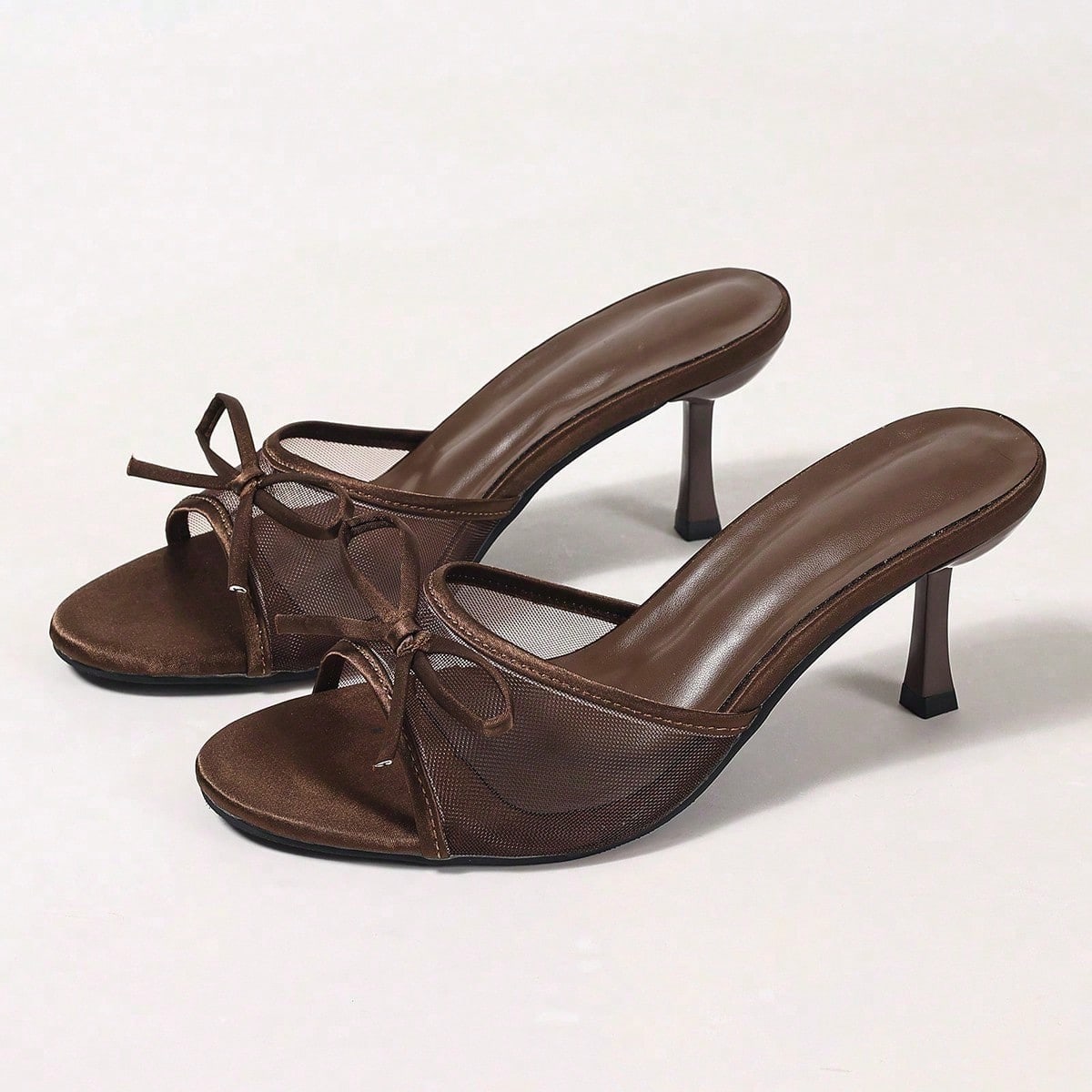 Sandalias de tacón alto con puntera abierta y malla transpirable para mujeres, con decoración de lazo, estilo minimalista versátil y de temporada