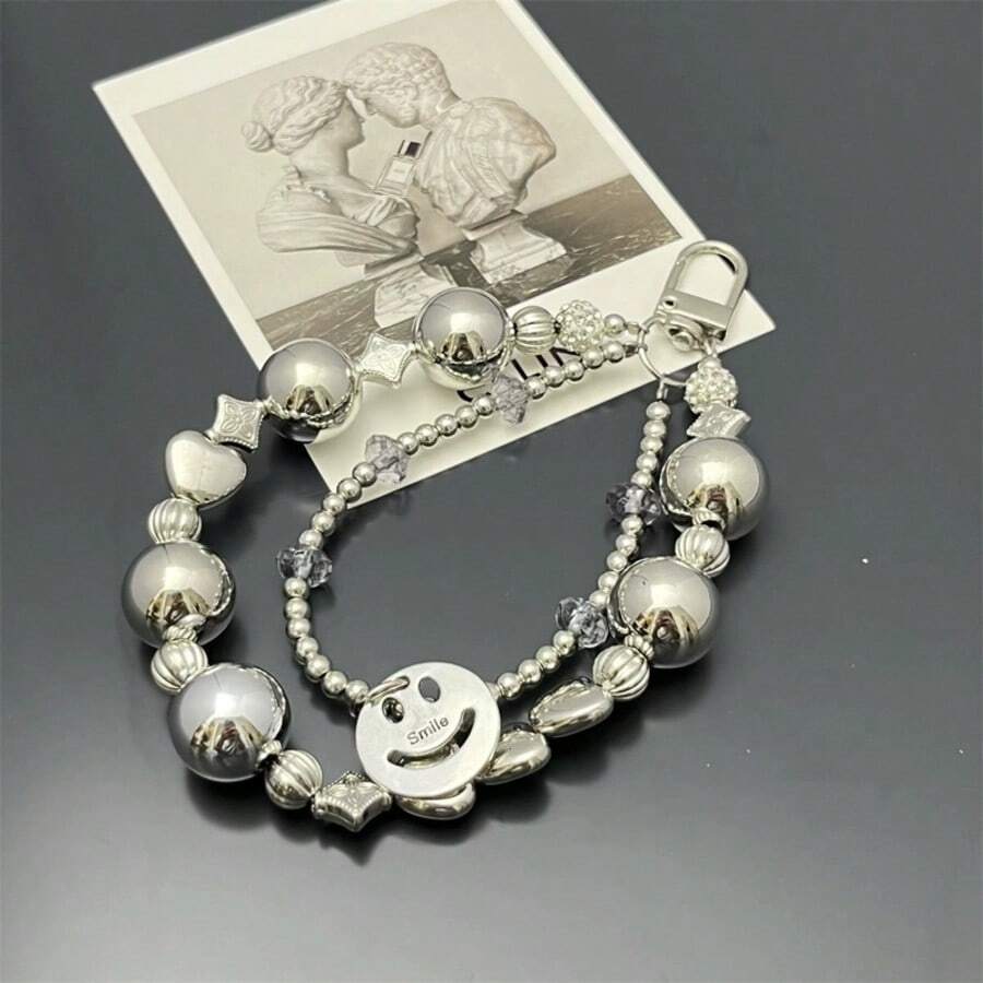 1件双链银珠心形水晶串珠手机挂饰，精美手机配件 - 銀色笑臉 - 查看 1