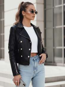 Slim-Fit-Motorradjacke für Damen, mit Reißverschluss, kurze Länge mit Taschen, ohne Kapuze, lässiger Streetstyle, ohne Thermoschicht. - Schwarz - Übersicht 3