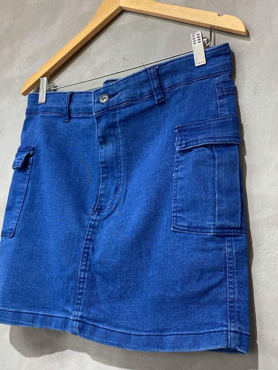 Saia Cargo Jeans Feminina Jeans Com Lycra Cintura Alta Moda blogueirinha Casual elegante Tecido Bolso Botão Zíper Noite Feriado Férias Praia - Azul - Visão 1