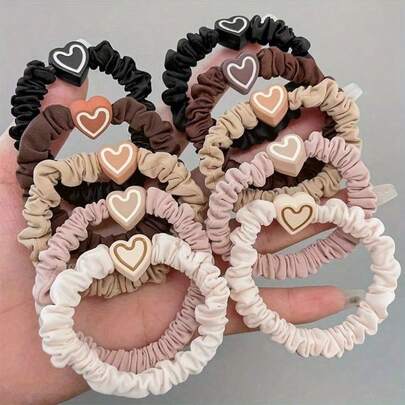 10 Piece Set Of Women's Heart-Shaped Headband, High Elasticity And Durable Rubber Band, Girls' High Ponytail Headband, [No Cardboard]