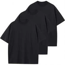 Men's Cotton T-Shirts Oversized Unisex Short Sleeve Crew Neck Loose Basic Tops Solid Athletic Tee - 黑色+黑色+黑色 - 查看 1