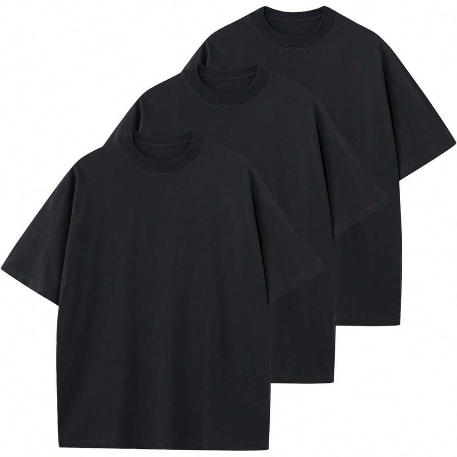 Men's Cotton T-Shirts Oversized Unisex Short Sleeve Crew Neck Loose Basic Tops Solid Athletic Tee - 黑色+黑色+黑色 - 查看 1