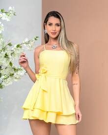 Women's Short Romper Dress With Bow, Solid Colors - 黃色 - 查看 2