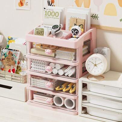 4-Tier Expandable Makeup Organizer, Durable PP Material, Minimalist Frameless Rectangular Design, Suitable For Bathroom, Vanity, Home Decor And Office Desk Storage