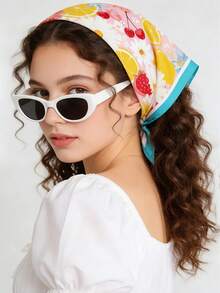 1 pieza Nuevo pañuelo de seda de 70 cm para mujer, estampado floral de limón, accesorio versátil, adecuado para uso diario en todas las estaciones - Multicolor - Ver 8