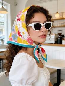 1 pieza Nuevo pañuelo de seda de 70 cm para mujer, estampado floral de limón, accesorio versátil, adecuado para uso diario en todas las estaciones - Multicolor - Ver 5