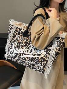 Minimalist Fashionable Canvas Striped Handbag, Shoulder Bag For Women, Large Capacity Casual Tote Bag With Leopard Print & Tassel, New Arrival - Khaki - View 1